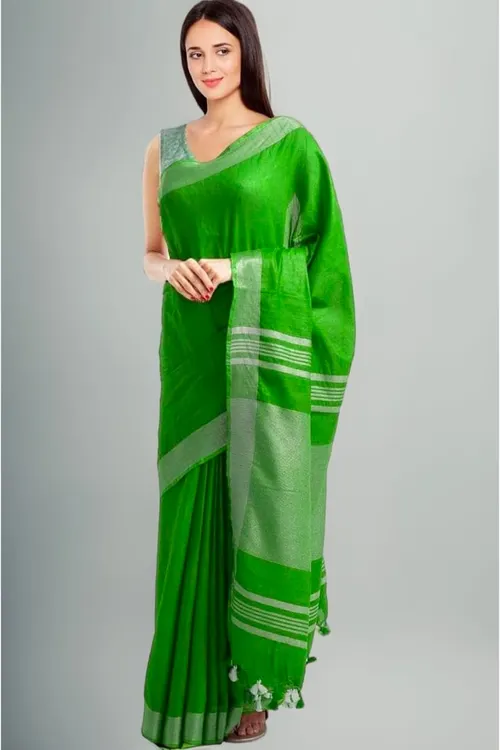 Vibrant Green Plain Linen Cotton Saree with Silver Border | Lightweight & Elegant